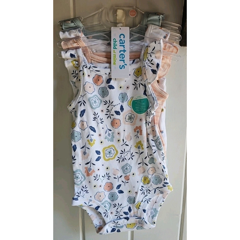 Carter's Child of Mine Bodysuit Baby Girl Size 0-3 100% Cotton 4 Piece Set NWT